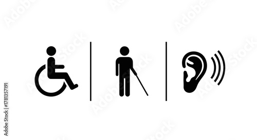 Inclusive accessibility symbols: wheelchair, visual impairment, hearing disabilities