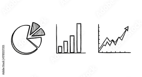 Hand-drawn business charts with pie, bar, and line graphs
