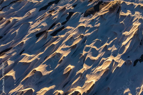 Aerial view of pumice stone fields at sunset