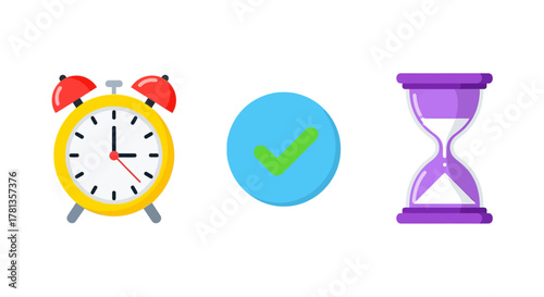 Colorful time management icons collection with clock, check mark, and hourglass
