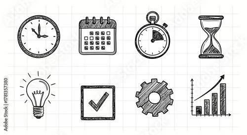 Hand drawn business icons set with clocks, calendar, and graphs on grid background