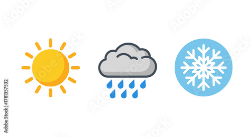 Weather icons set: sun, cloud with rain, and snowflake on white background