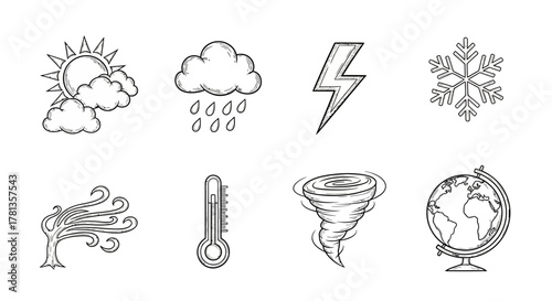 Hand-drawn weather icons set featuring sun, rain, lightning, and more