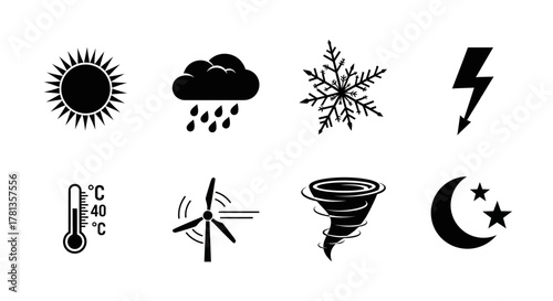 Silhouette weather icons: sun, rain, snowflake, lightning, thermometer, wind, tornado, moon