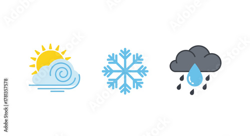 Colorful weather icons: sun, snowflake, cloud with raindrops in modern flat style