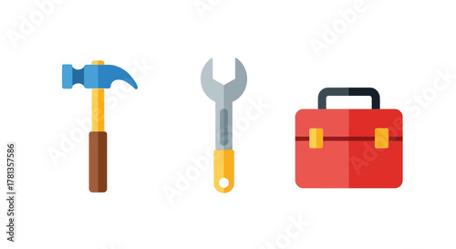Flat design hammer, wrench, and toolbox icon set for diy and repair themes