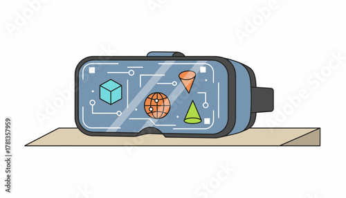 An augmented reality headset resting on a table with lenses reflecting a digital interface overlay of virtual objects.