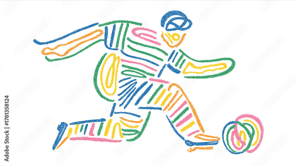 Fototapeta premium Abstract crayon-style line drawing of soccer player kicking ball, modern minimalist sports art