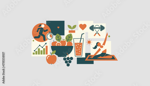 A vibrant collage of images depicting a healthy lifestyle including fitness goals and nutritious meals adorning a bedroom wall.