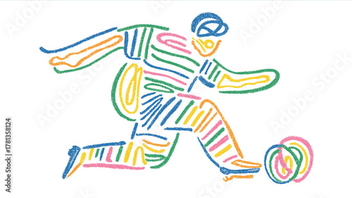 Abstract crayon-style line drawing of soccer player kicking ball, modern minimalist sports art
