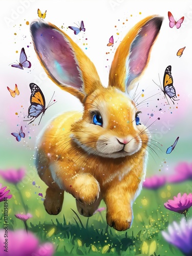 Adorable bunny rabbit jumping in spring meadow with colorful butterflies, purple flowers, and sparkles on bright background
