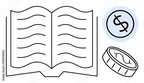 Open book symbolizing learning surrounded by dollar sign and coin for finance, investment, and literacy concepts. Ideal for education, banking, economy, teaching, training, finance personal growth