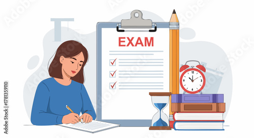 Exam Time Illustration of a Student Taking an Exam with Clock, Books, and Sand Timer