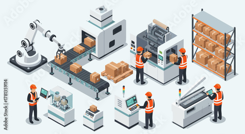 Isometric industrial automation robots, conveyors, workers, and warehouse components in a factory