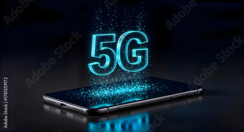 Mobile Phone Displaying Floating 5G Hologram, Digital Network Visualization
