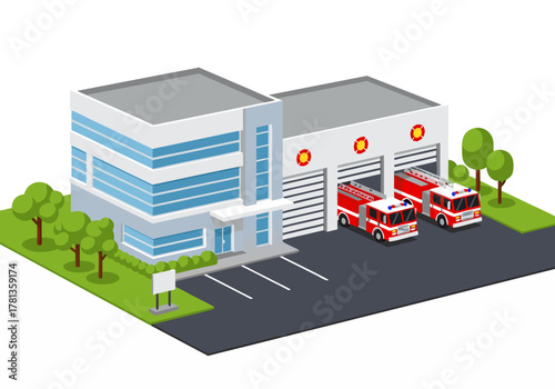 Modern Fire Station with Red Fire Trucks, Isometric View