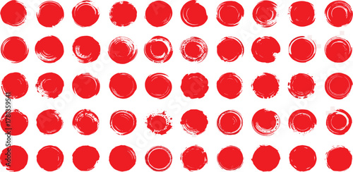 A diverse grid of abstract red hand-drawn brush stroke circles, textured paint splatters, and organic ink blots on a white background, perfect for grunge graphics and artistic design elements