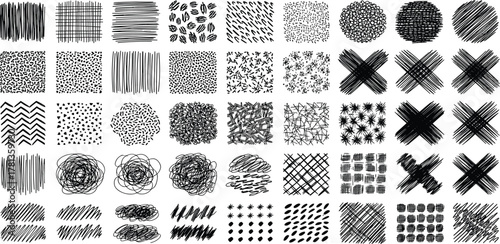 Set of hand-drawn graphic textures and patterns, featuring black ink scribbles, cross-hatching, doodles, and strokes for abstract backgrounds