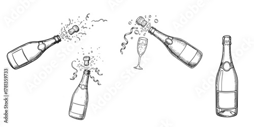 Champagne bottles with corks popping and splashes in celebration  