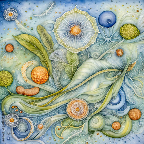 A delicate pattern of swirling microbes and diatoms drifting among leaflike membranes, pollen clouds, and spiraling filaments, forming a floating garden of invisible life.