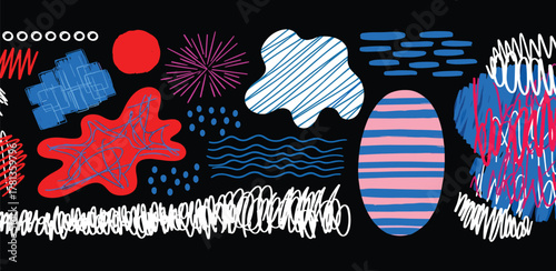 A playful and dynamic collection of hand-drawn abstract elements, featuring colorful scribbles, lines, and organic shapes set against a dark background