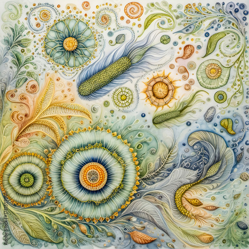 A delicate pattern of swirling microbes and diatoms drifting among leaflike membranes, pollen clouds, and spiraling filaments, forming a floating garden of invisible life.