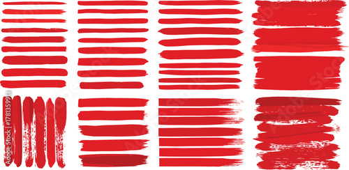 Collection of Red Brush Strokes and Lines on White Background, Graphic Elements