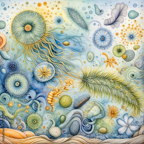 A delicate pattern of swirling microbes and diatoms drifting among leaflike membranes, pollen clouds, and spiraling filaments, forming a floating garden of invisible life.