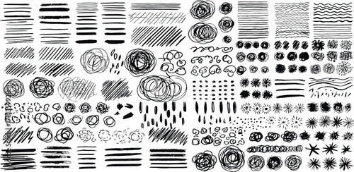 Collection of hand-drawn abstract scribbles, lines, and patterns in black and white, perfect for graphic design elements