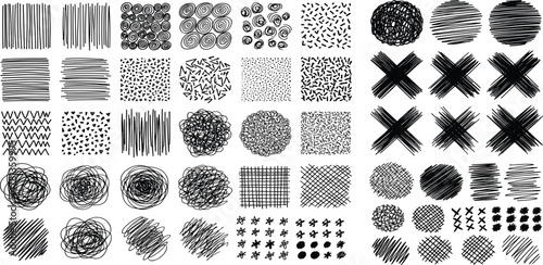 Varied hand-drawn scribble patterns and abstract ink textures. A versatile collection of black and white doodle elements, perfect for grunge backgrounds and creative design overlays