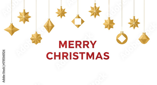 Elegant gold geometric christmas ornaments hang above bold red merry christmas text