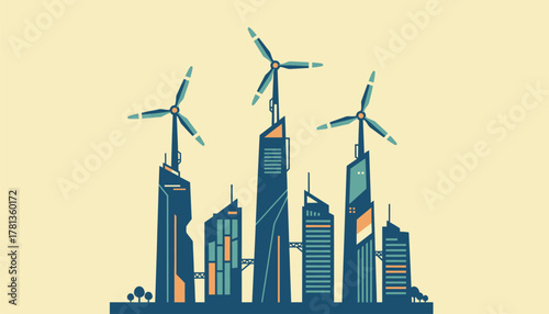 An artistic illustration of a futuristic city skyline silhouetted by wind turbines integrated into skyscrapers emphasizing innovative urban design.