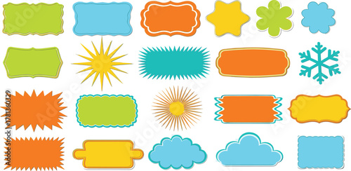 Vibrant collection of diverse decorative frames and irregular graphic shapes for creative design projects, offering a playful assortment of colorful borders and unique elements