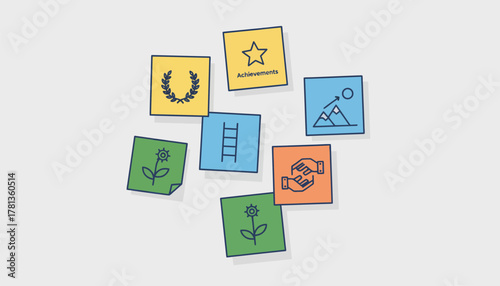 An array of colorful postit notes on a wall highlighting personal achievements and goals discussed during sessions.