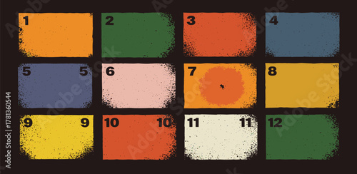 Vintage-inspired color palette chart featuring twelve textured paint swatches with numbered labels for graphic design projects