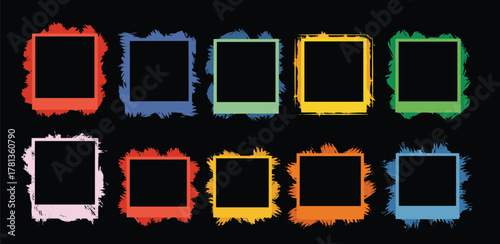 A vibrant collection of ten square photo frames with artistic paint brush stroke borders, isolated on a transparent background for creative design projects