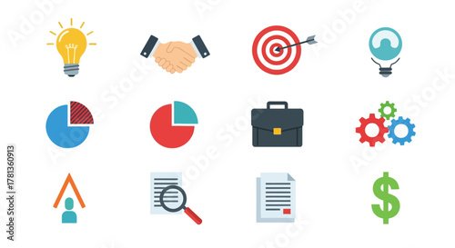 Colorful business icons set featuring flat design with light bulb and target