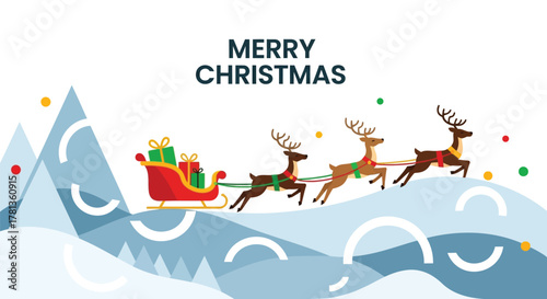 Merry christmas greeting with santa s sleigh pulled by reindeer over snowy landscape