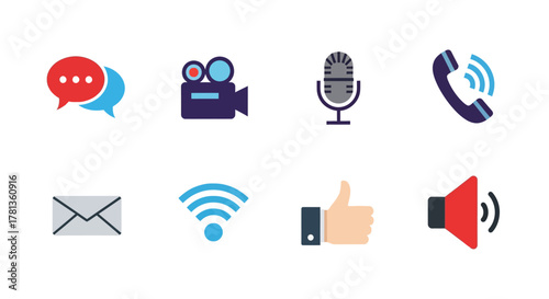 Modern communication icons set: chat, camera, microphone, call, email, wifi, like, speaker
