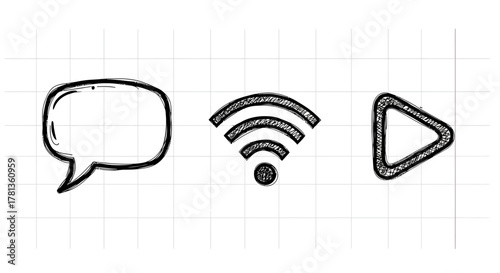 Hand-drawn icons of speech bubble, wifi, and play button on grid background