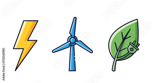 Clean energy icons: lightning bolt, wind turbine, green energy leaf