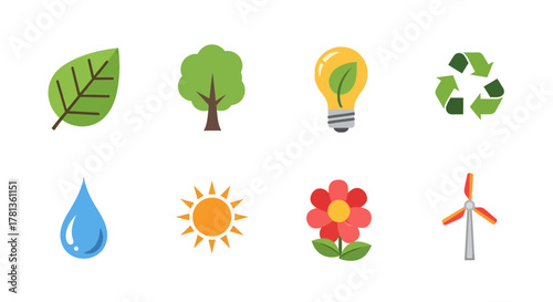 Eco-friendly icons: nature, energy, and sustainability symbols in flat design
