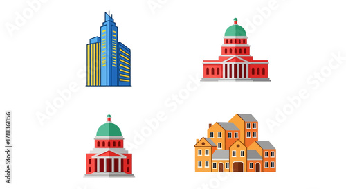 Colorful architectural landmarks with modern and traditional styles on white background