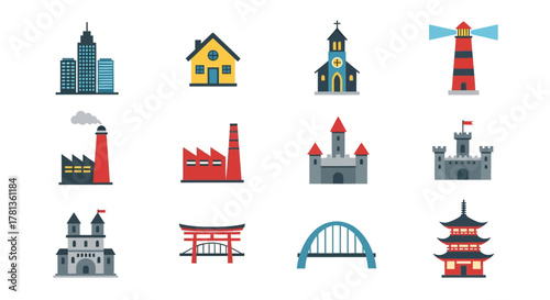 Icon set of iconic structures featuring castles, factories, and landmarks in flat style