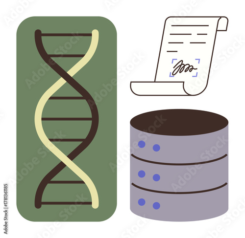 DNA strand, document with signature, and database stack suggest genetic data, research, security, or archiving. Ideal for biology, genetics technology AI law medical science. Simple flat metaphor