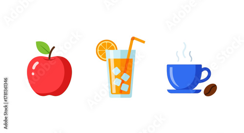 Colorful flat icons of apple, orange juice, and coffee cup