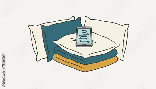 A cozy nook with cushions and blankets featuring a smartphone displaying a guided visualization track.