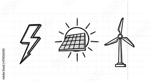 Sketched renewable energy icons: lightning bolt, solar panel, wind turbine on grid background
