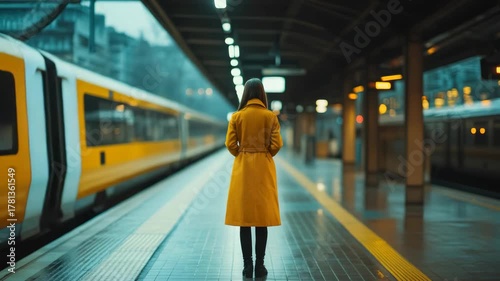 Woman waiting for train in the rain