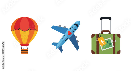 Colorful travel icons featuring hot air balloon, airplane, and suitcase